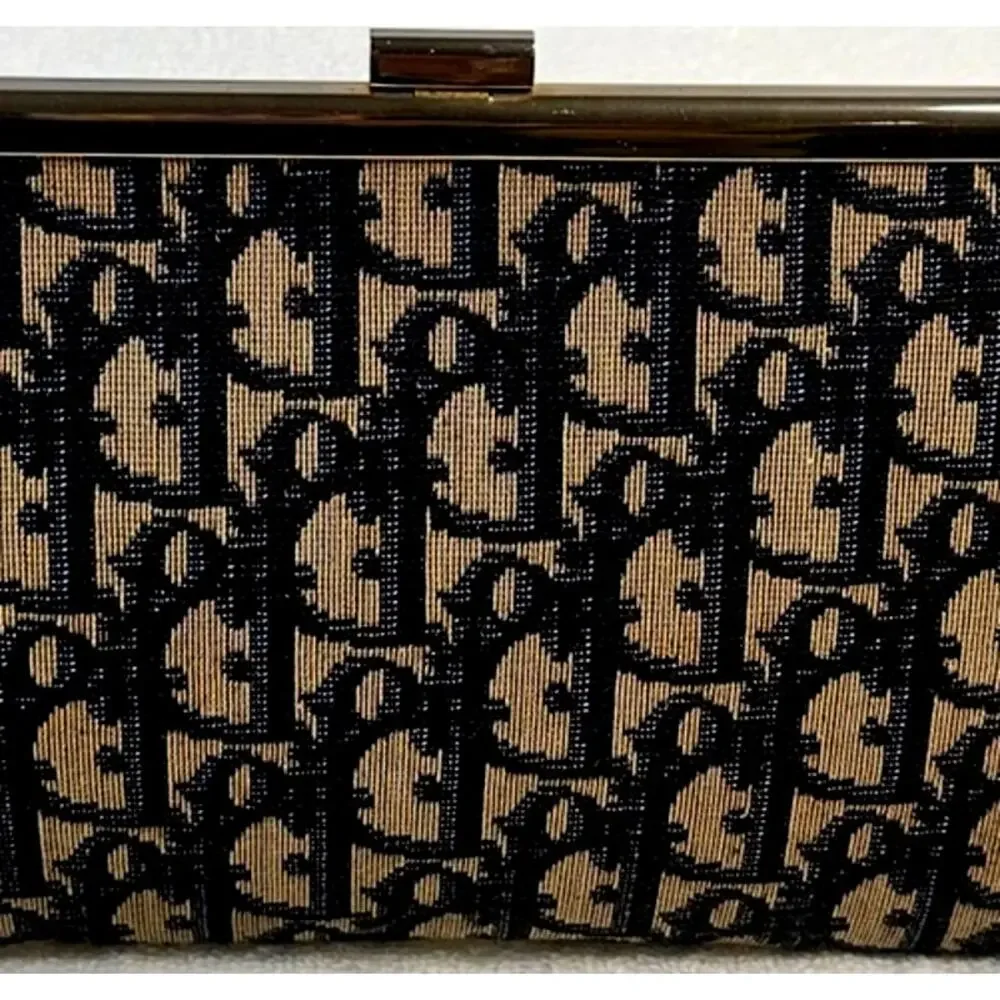 Vintage Christian Dior Oblique Trotter Frame Clutch Navy Canvas Made France